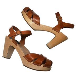 Swedish Hasbeens Wood Clogs Heels Tan Woven Leather Sandals EU 39 US 9